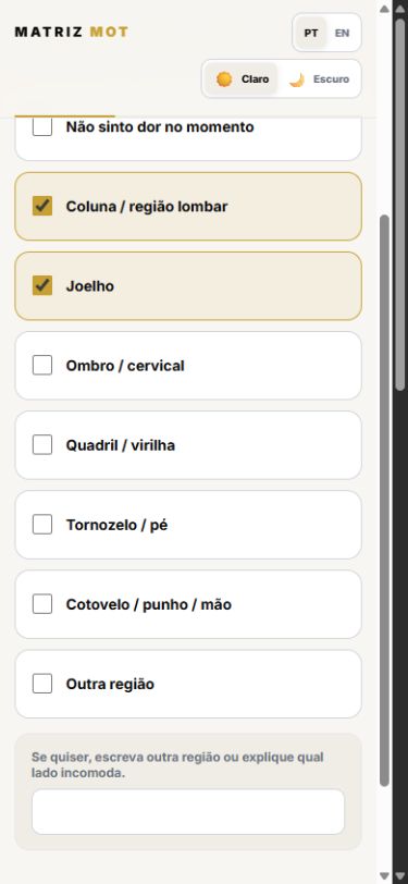 Etapa de escolhas múltiplas da Biblioteca MOT